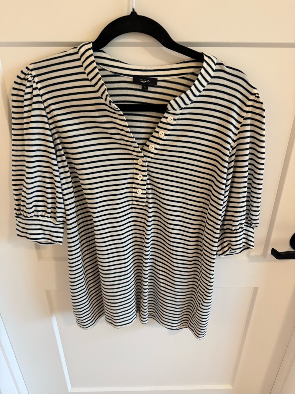 Rails Jewel Top Large Ivory Navy Micro Stripe Puff Sleeve Henley Shirt